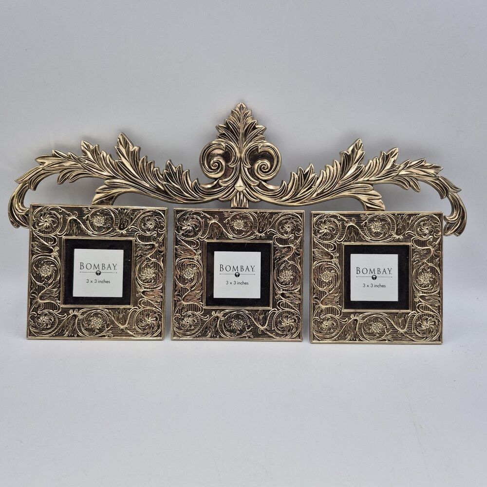 Vtg Bombay Company Brass 1999 Triple 3" Hanging Triptych Picture Frame Display